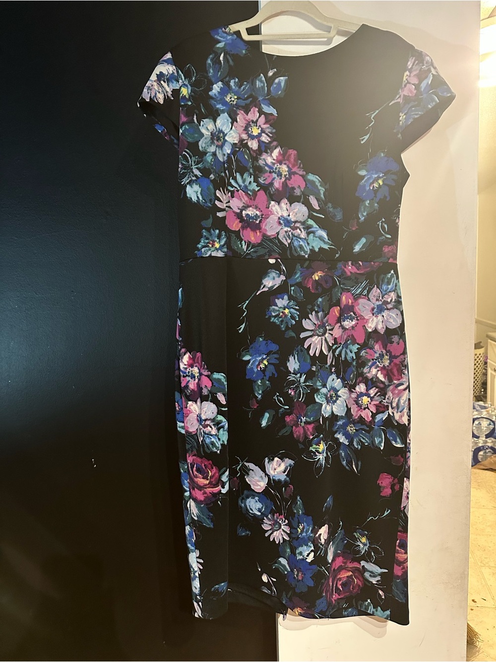 Betsey Johnson Black Midi Dress with Pink & Blue Floral Print